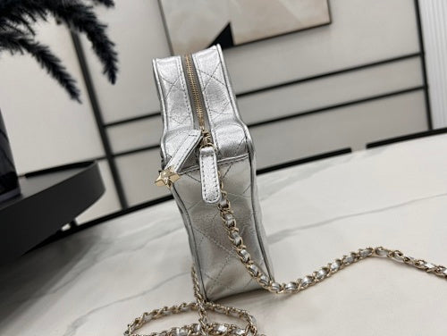 Chanel Silver Metallic Quilted Star-Shaped Chain Bag.