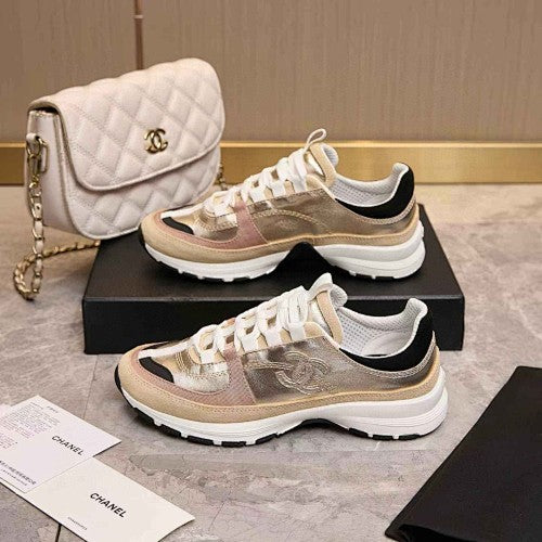Chanel CC Metallic Gold, Beige & White Low-Top Runner Sneakers