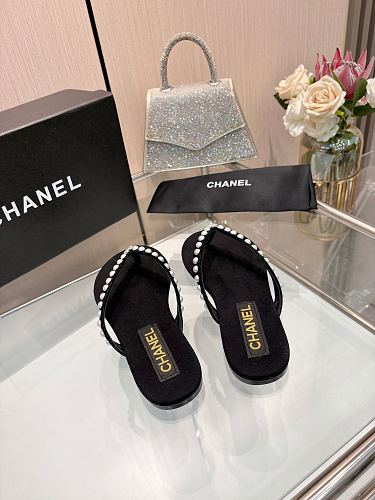 Chanel Pearl-Embellished CC Thong Sandals / Flip-Flops