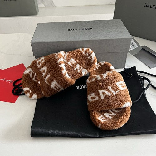 Balenciaga Allover Logo Furry Slide Sandals