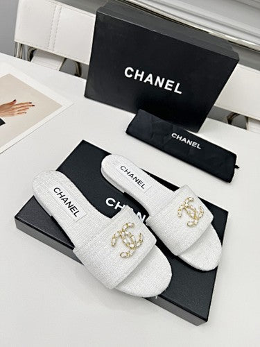 Chanel CC Chain Tweed Flat Slide Sandals