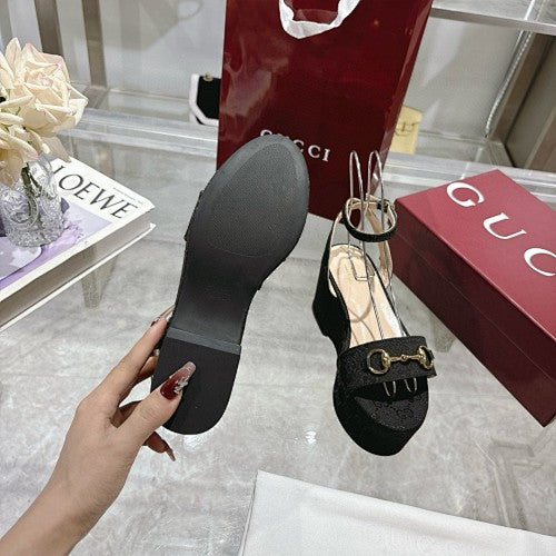 Gucci Black Horsebit Platform Wedge Sandals