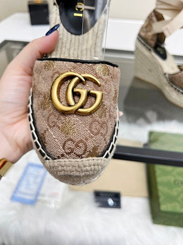 Gucci GG Supreme Canvas Double G Platform Espadrille Wedges