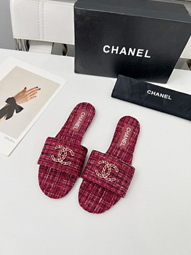Chanel CC Chain Tweed Flat Slide Sandals – Burgundy/Berry