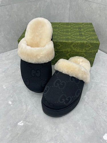Gucci Black GG Canvas Shearling-Lined Mule Slippers