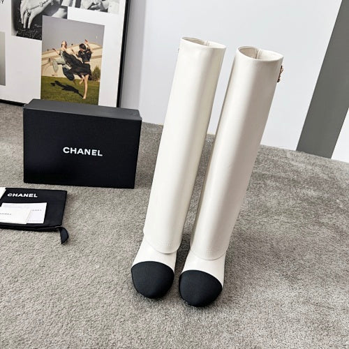 Chanel Two-Tone CC Logo Knee-High Riding Boots