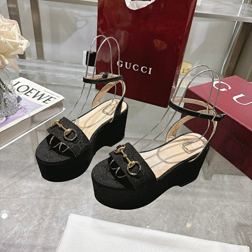 Gucci Black Horsebit Platform Wedge Sandals