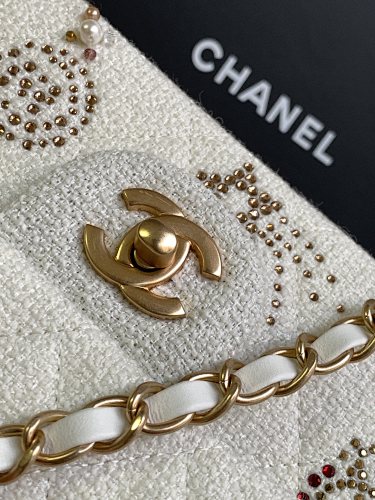 Chanel Ivory Tweed Embellished Classic Flap-Style Bag