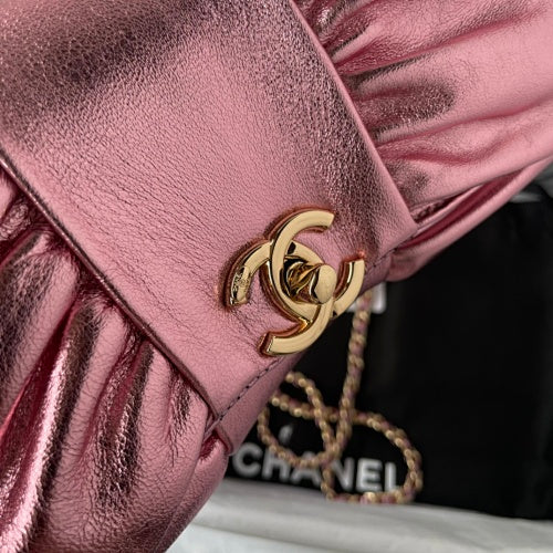 Chanel Metallic Pink Ruched Flap Bag / Chain Shoulder Bag