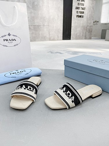 Prada Logo Woven Flat Slide Sandals