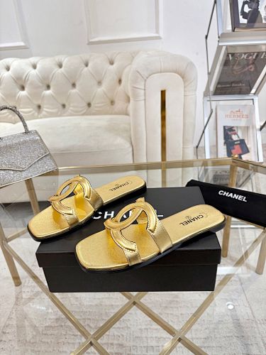 Chanel CC Logo Metallic Gold Leather Slide Sandals