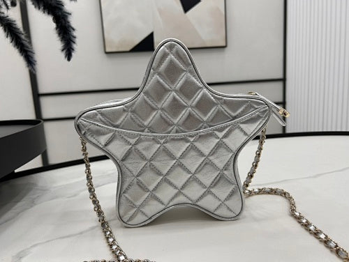 Chanel Silver Metallic Quilted Star-Shaped Chain Bag.