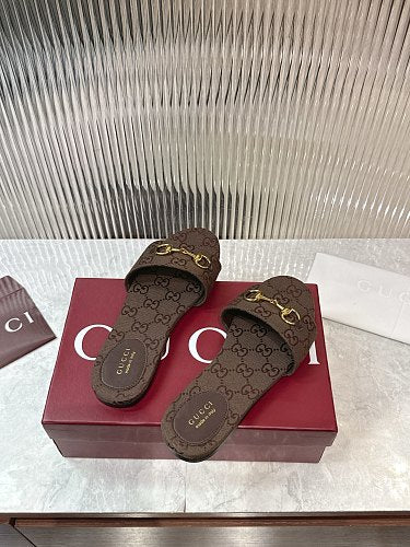 Gucci GG Monogram Horsebit Flat Slide Sandals