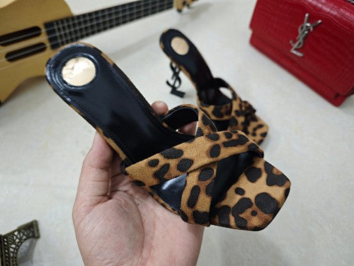 Saint Laurent Opyum Leopard-Print YSL Logo-Heel Mule Sandals