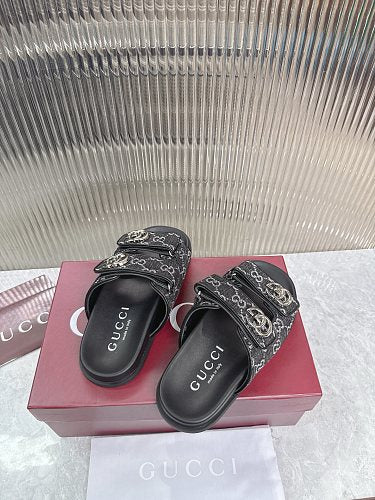 Gucci GG Denim Double-Strap Slide Sandals