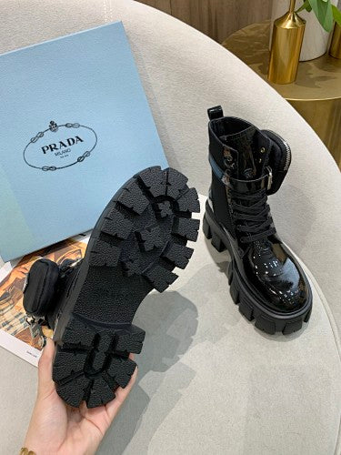 Prada Monolith Patent Leather & Re-Nylon Combat Boots