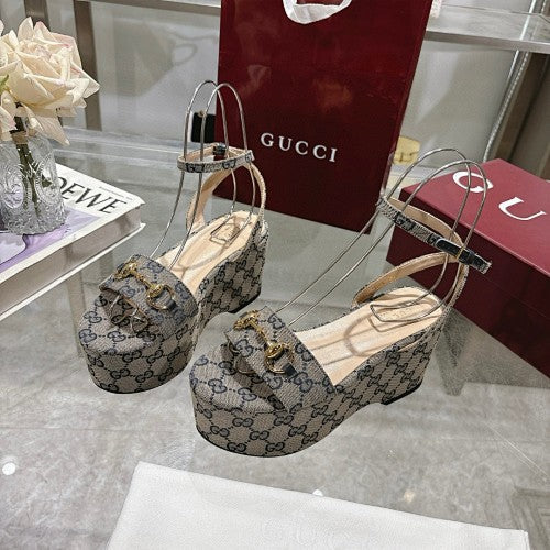 Gucci GG Supreme Horsebit Platform Wedge Sandals