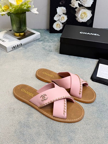 Chanel CC Logo Chain-Trim Crisscross Slide Sandals