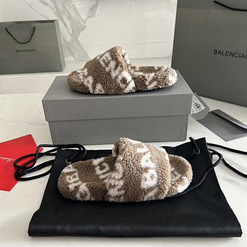 Balenciaga Allover Logo Furry Slide Sandals