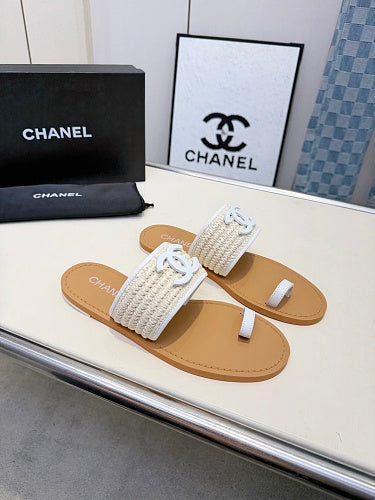 Chanel CC Logo Woven Raffia Toe-Ring Flat Sandals