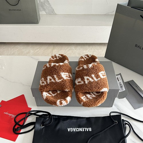 Balenciaga Allover Logo Furry Slide Sandals
