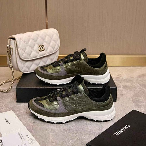Chanel CC Logo Metallic Olive Green Runner Sneakers