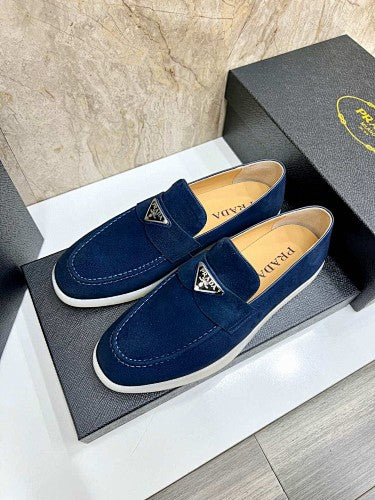 Prada Navy Blue Suede Triangle Logo Loafers