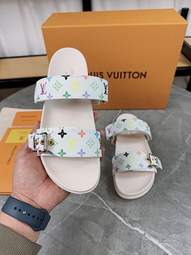 Louis Vuitton White Multicolor Monogram Double-Strap Slide Sandals