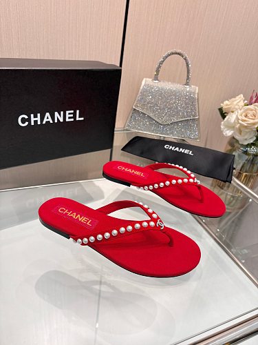 Chanel Pearl-Embellished CC Thong Sandals / Flip-Flops