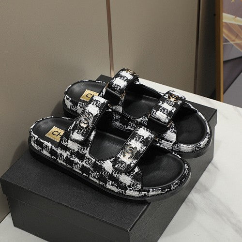 Chanel CC Logo Tweed Double-Strap Slide Sandals