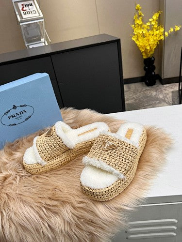 Prada Raffia & Shearling Platform Slide Sandals