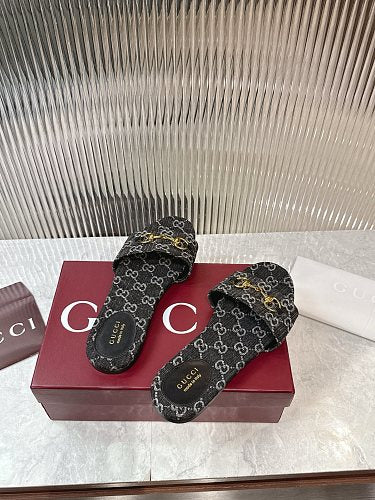 Gucci GG Monogram Horsebit Flat Slide Sandals