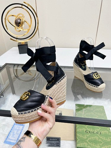 Gucci Marmont Matelassé Leather Platform Espadrille Wedges