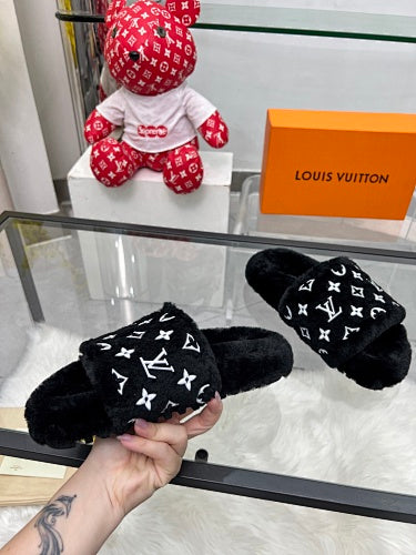 Louis Vuitton Monogram Shearling/Faux-Fur Pool Slides
