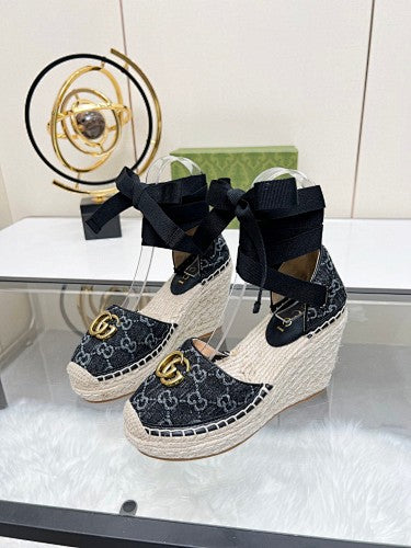 Gucci GG Denim Double G Platform Espadrille Wedges