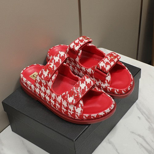 Chanel CC Logo Houndstooth Double-Strap Slide Sandals