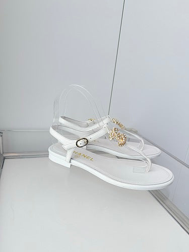 Chanel White CC Thong Slingback Sandals