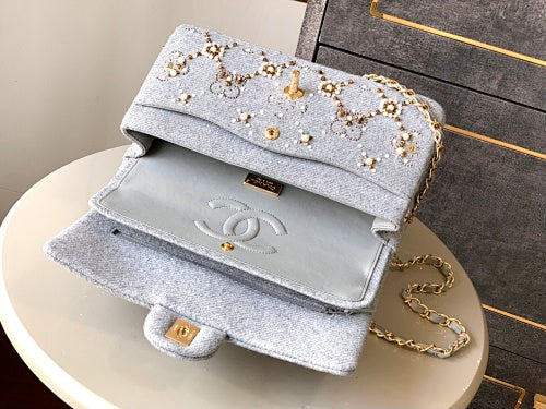 Chanel Light Blue Tweed Crystal & Pearl Embellished Flap Bag
