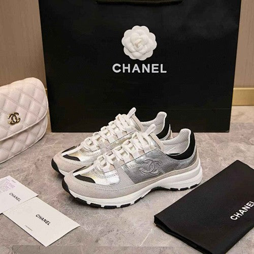 Chanel CC Metallic Silver & White Low-Top Runner Sneakers