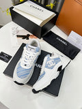 Chanel CC Logo Low-Top Sneakers – White & Blue Tweed