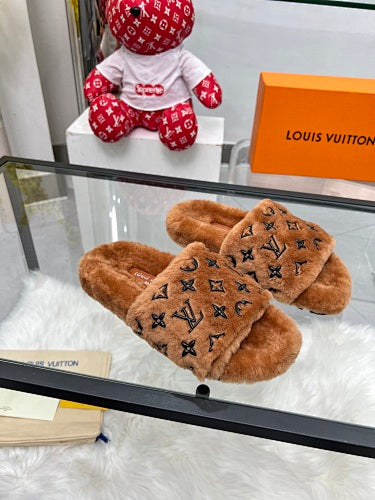 Louis Vuitton Monogram Shearling/Fur Slides