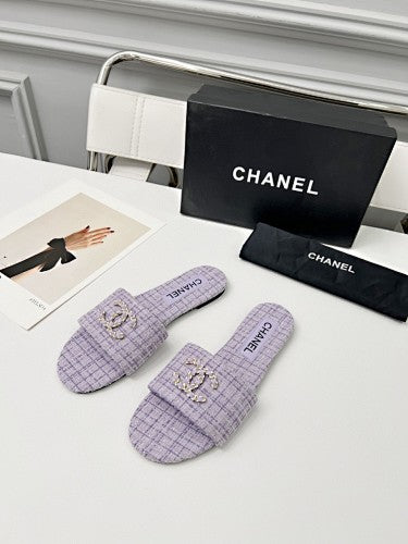 Chanel CC Chain Tweed Flat Slide Sandals