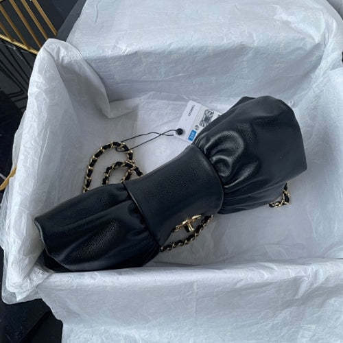 Chanel Metallic Black Ruched Flap Bag / Chain Shoulder Bag.