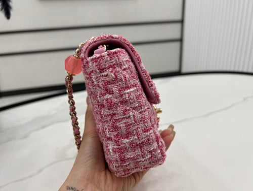 Chanel Pink Tweed Mini Flap Bag with Charm Chain Strap
