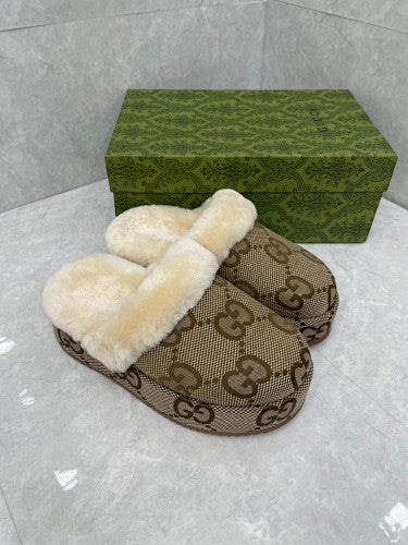 Gucci GG Canvas Shearling-Lined Mule Slippers
