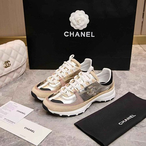 Chanel CC Metallic Gold, Beige & White Low-Top Runner Sneakers