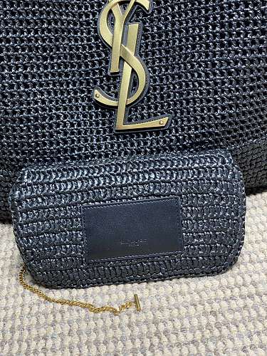 Saint Laurent (YSL) Black Raffia Crochet Tote Bag
