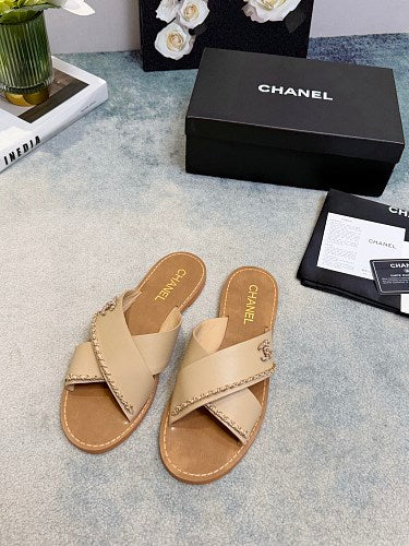 Chanel CC Logo Chain-Trim Crisscross Slide Sandals