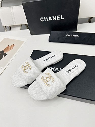 Chanel CC Chain Tweed Flat Slide Sandals