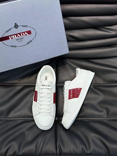 Prada White Leather Low-Top Sneakers with Burgundy Logo Stripe